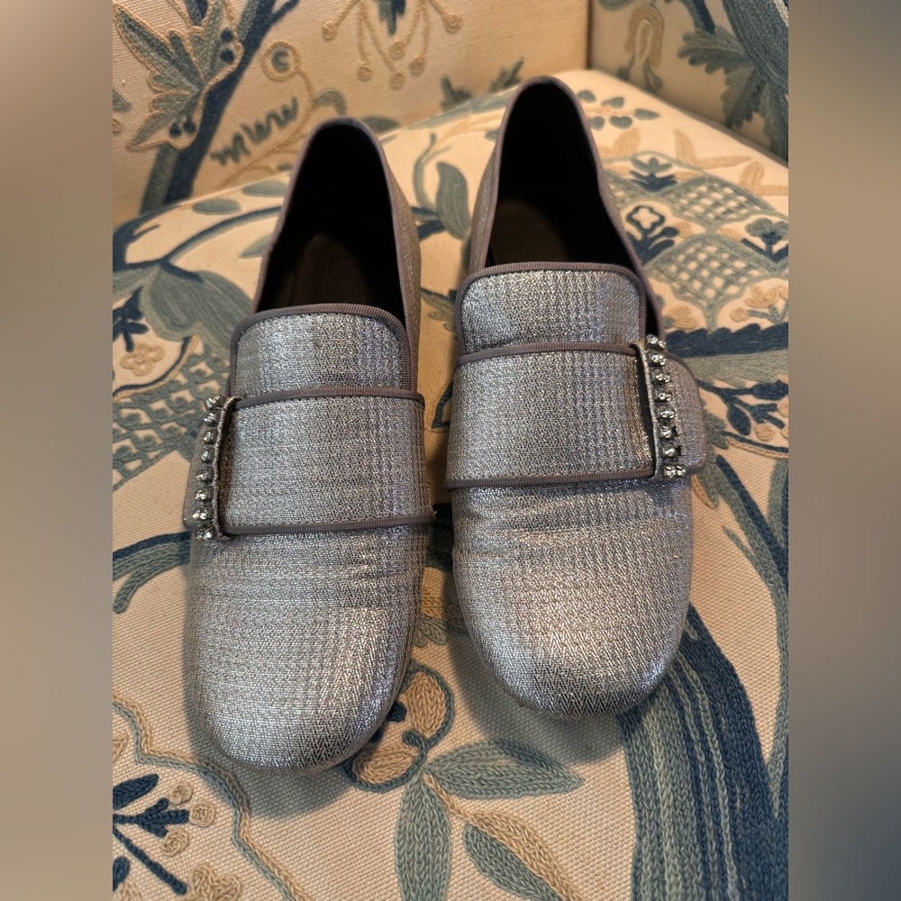 See by Chloé metallic and silver loafer with crystal embellishments.  Size 38.5